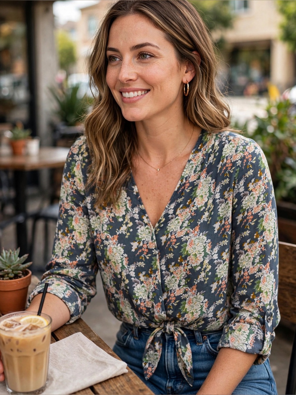 Lucky Brand Floral Surplice Tie Front Blouse Large L Blue Peach Boho Crepe Top